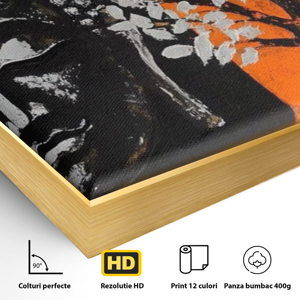 Detaliu al suprafetei: tablou canvas cu capul lui buddha si un copac, in rama de aluminiu auriu